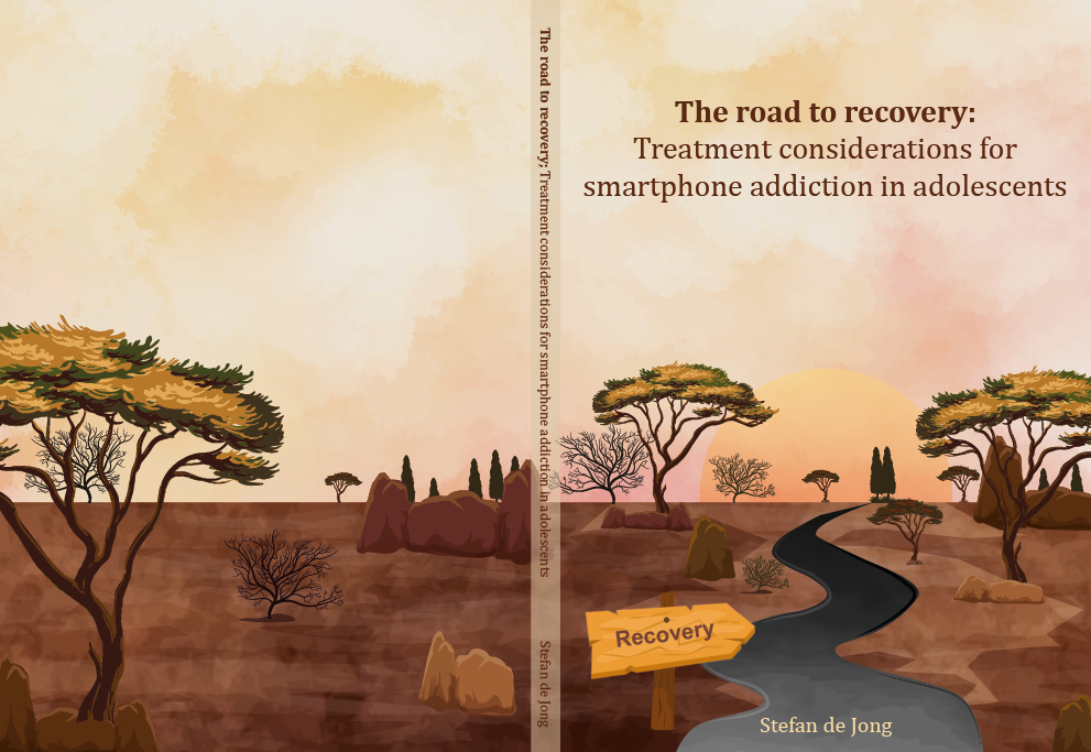 Afbeelding van een ontworpen proefschrift met omschrijving the road to recovery: treatment considerations for smartphone addiction in adolescents