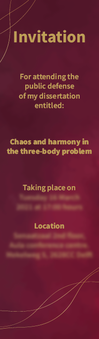 Afbeelding van een ontworpen proefschrift met omschrijving chaos and harmony in the three-body problem